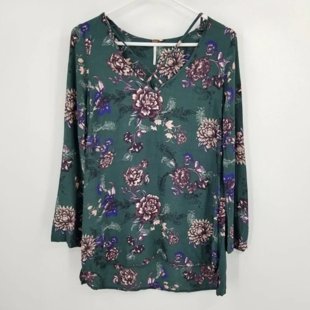 Free People Heartbeat Bell Sleeve Emerald Green Floral Dress XS Fairy Boho Flowy - Picture 2 of 13